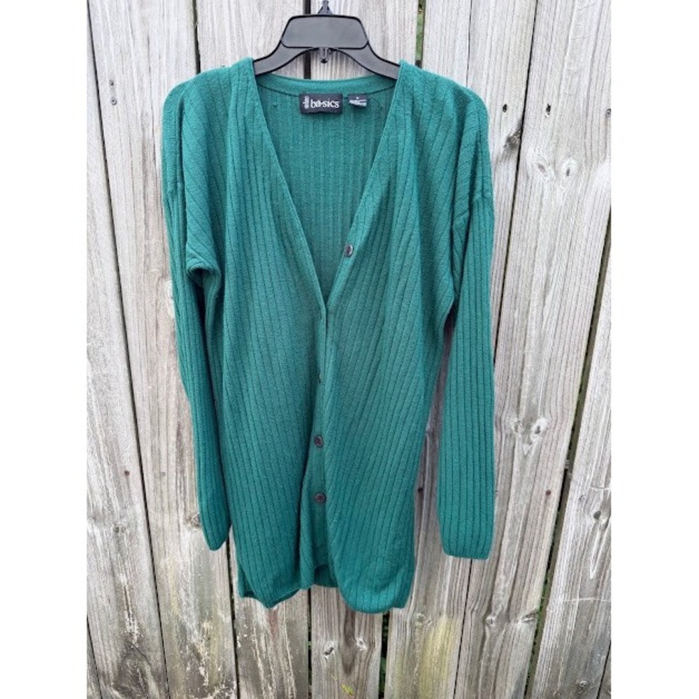 Vintage 90s Stefano Basics Cardigan Sweater M Green Ribbed Oversized Longline